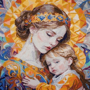 Mother & baby girl counted cross stitch kit, Mother’s Day x-stitch pattern, mom and child needlepoint kit, adults hobby craft