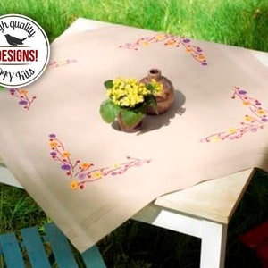 Tablecloth Satin stitch kit, floral table decor needlepoint kit, beige tabble runner DIY, Vervaco set «Playful Flowers»,stitch kitchen decor