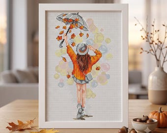 Autumn Girl Cross Stitch Kit, Fall Needlepoint Pattern with Leaves, DIY X-stitch Kit for Adults