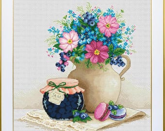 Summer Flowers Cross Stitch Kit With Jam Jar and Macaron, Floral