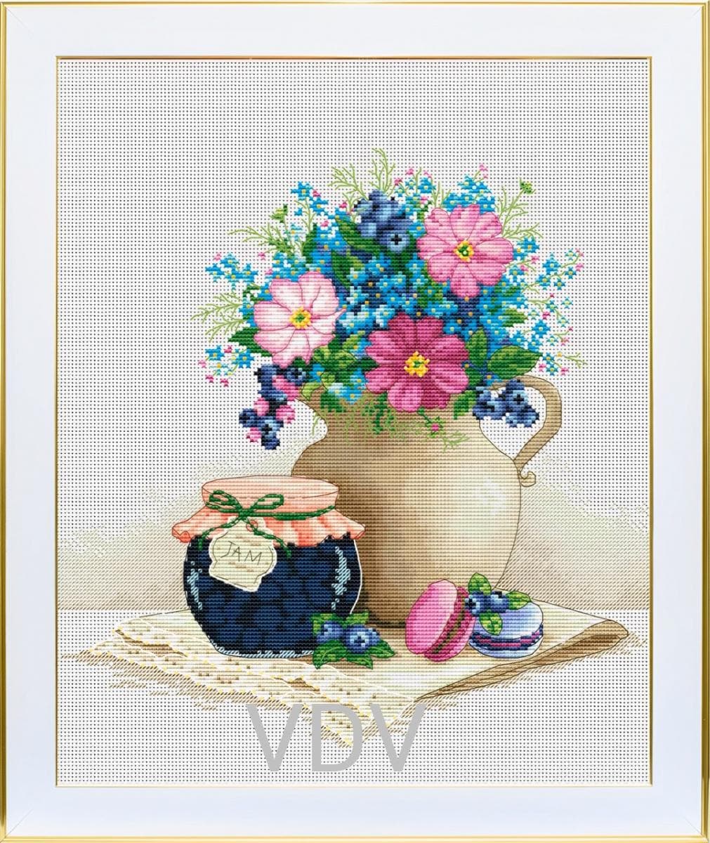 Summer Flowers Cross Stitch Kit With Jam Jar and Macaron, Floral