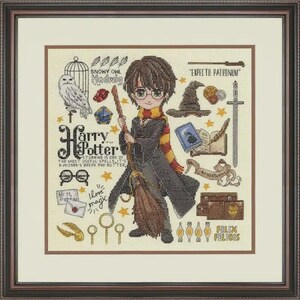 May include: A framed cross-stitch embroidery featuring a central character with brown hair and glasses holding a broomstick, surrounded by icons including a snowy owl, a sorting hat, a sword, potion bottles, and text reading Harry Potter.
