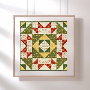 Könnte beinhalten: Ein gerahmtes Kreuzstichmuster mit einem geometrischen Design, das ein zentrales Quadrat mit einem grün-gelb-weißen Muster zeigt, das von roten, weißen und grünen Sternen umgeben ist.