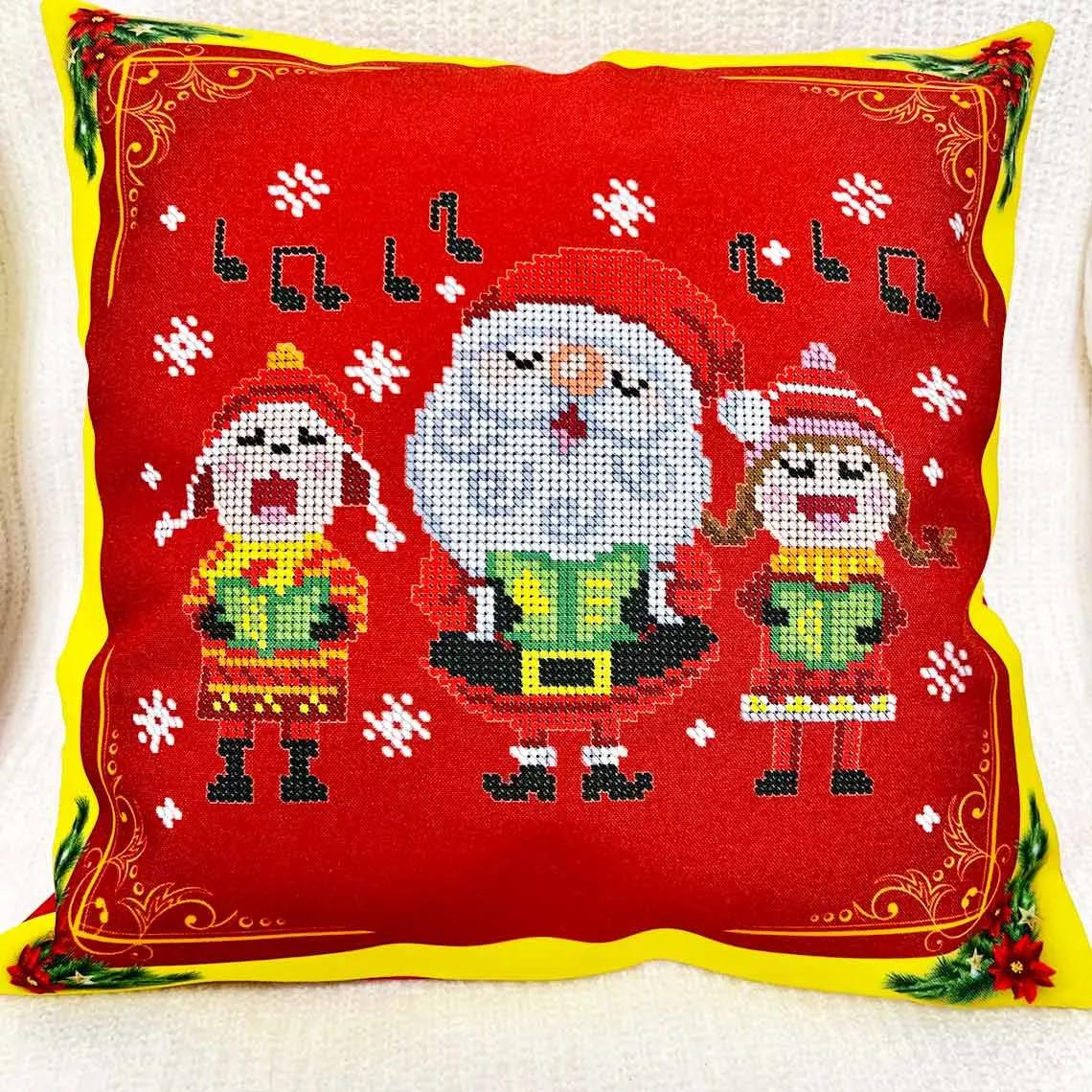 歌う子供とサンタのDIYビーズ刺繍キット、赤い枕カバーのビーズ