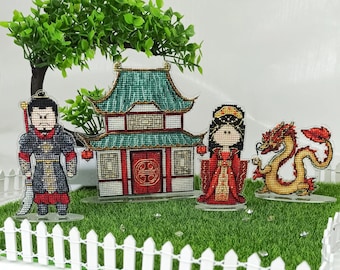 China cross stitch kit, Counted cross stitch kit on plastic canvas, Chinese dragon and Chinese house cross-stitch DIY kit