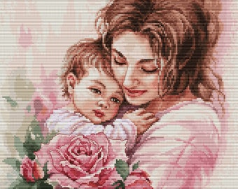 Mother and child cross stitch kit, Mother’s Day   x-stitch pattern, counted cross-stitch