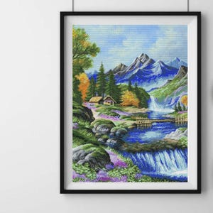 Waterfall in mountains cross stitch kit, forest house x-stitch pattern, summer landscape needlepoint kit