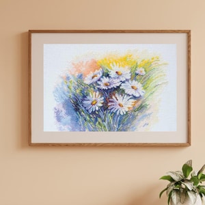 Daisy flowers cross stitch kit, Modern cross stitch kit, wildflowers counted cross-stitch kit