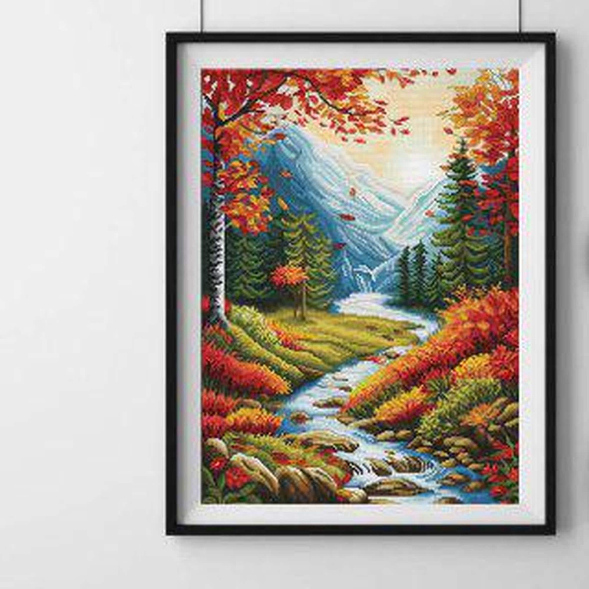 Golden Autumn Cross Stitch Kit, Forest River in Mountains X-stitch