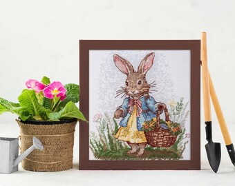 Easter bunny girl cross stitch kit, Easter rabbit with basket of flowers, counted cross-stitch