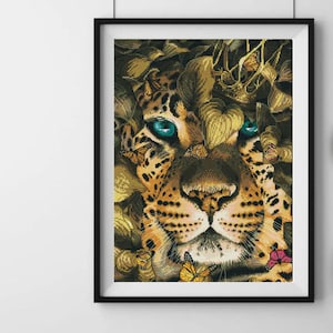 Leopard king cross stitch kit, jungle wild animal x-stitch pattern, Savannah big cat with  butterflies needlepoint kit