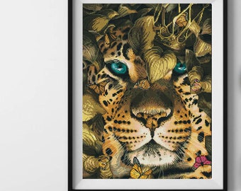 Leopard king cross stitch kit, jungle wild animal x-stitch pattern, Savannah big cat with  butterflies needlepoint kit