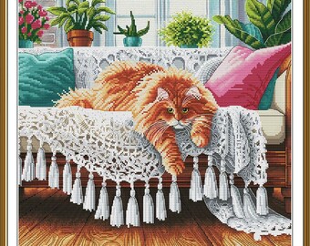 Ginger Cat Cross Stitch Kit, Lazy Orange Cat on Sofa with Plants, Cozy Animal DIY Craft, Home Guardian Needlepoint Pattern
