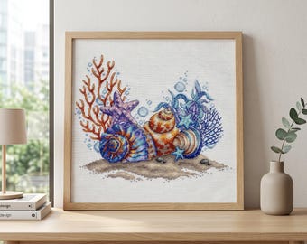 Zeeschelpen en koralen borduurpakket, borduurset onderwater oceaan, doe-het-zelf moderne zeemuurdecoratie, hobbypakketten
