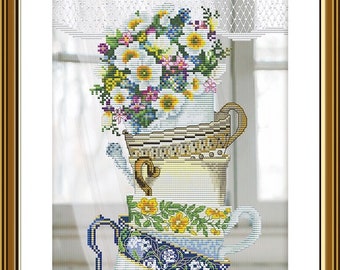 Flower tea party cross stitch kit, kitchen still life x-stitch pattern, floral tea cups needlepoint kit