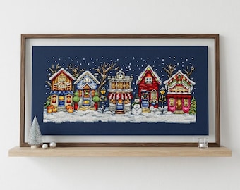 Christmas Village Cross Stitch Kit, Festive Winter Scene with Beads, DIY Xmas Needlepoint Pattern