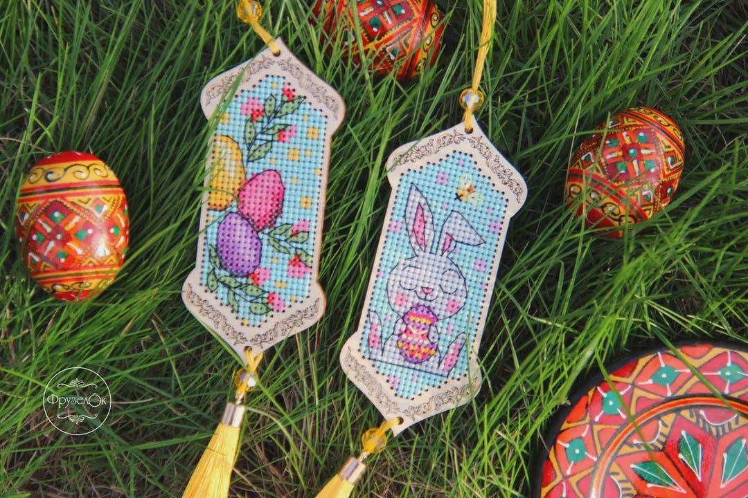 Easter Bunny With Tassels Cross Stitch Kit on Wood, DIY Wooden Ornament ...