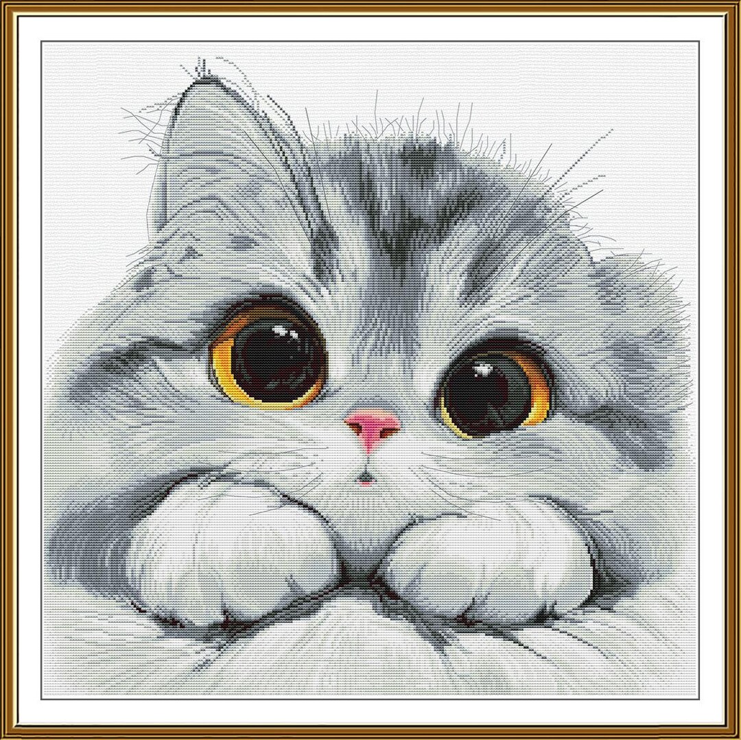 Shy Kitten Cross Stitch Kit, Cute Cat Needlepoint Pattern, X