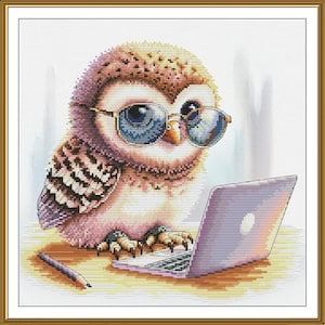 Funny owl cross stitch kit with glasses and laptop, woodland night bird x-stitch pattern, wise animal needlepoint kit