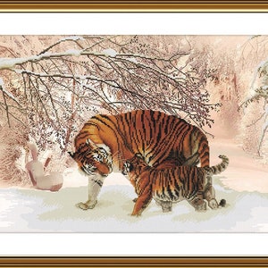 Tiger family cross stitch kit, mother & baby animal in winter landscape x-stitch pattern, tiger cub needlepoint kit