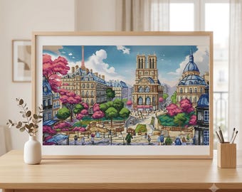 Notre Dame de Paris cross stitch kit, printed canvas x-stitch pattern, France cathedral needlepoint kit