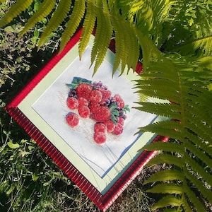 Può includere: Ricamo a punto croce di lamponi rossi e uva viola. L'opera d'arte incorniciata ha un bordo rosso e verde chiaro. L'immagine è incorniciata con un bordo rosso ed è ambientata su uno sfondo di erba verde e foglie di felce.