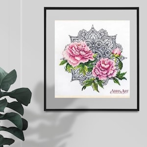 Pink peonies cross stitch kit, summer floral x-stitch pattern, lace mandala with flower needlepoint kit