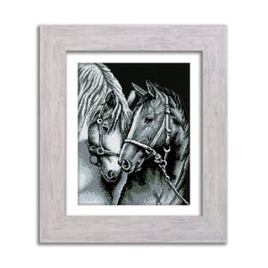 Horse Cross Stitch Kit, Black and White Horses, X-Stitch Pattern, Animal Needlepoint, Equestrian Art