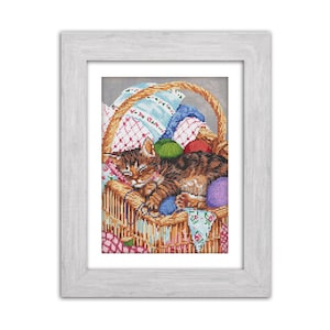 Cat in Yarn Basket Cross Stitch Kit, Needlepoint Pattern with DMC Threads & Zweigart Canvas, Pet Lover Gift