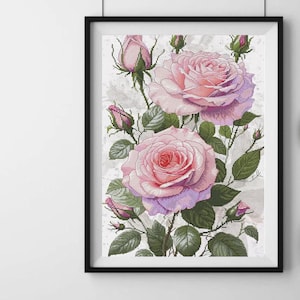 May include: Framed floral art featuring two large pink roses in full bloom, surrounded by green leaves and buds. The artwork is set against a white background and framed in a black frame, creating a classic and elegant aesthetic.