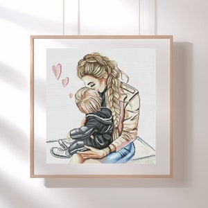 Mother and baby boy cross stitch kit, Mother’s Day x-stitch pattern, mom & son counted cross stitch