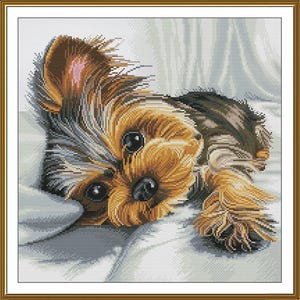 Yorkshire Terrier Cross Stitch Kit, Cute Puppy Needlepoint Pattern with Aida 16, Dog Lver Gift