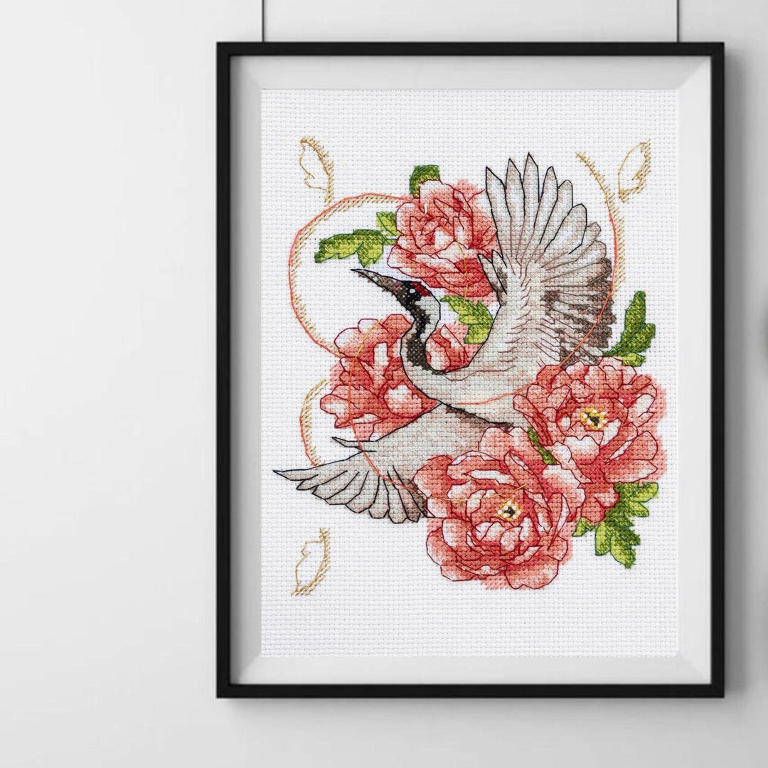 花の鶴のクロスステッチキット、牡丹の中に飛ぶ鳥のXステッチパターン