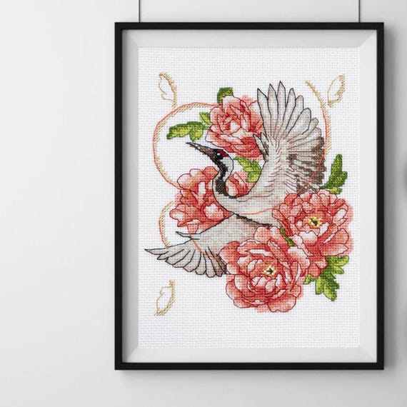 花の鶴のクロスステッチキット、牡丹の中に飛ぶ鳥のXステッチパターン