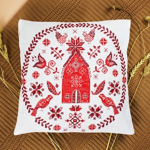 Sampler red house with birds cross-stitch kit for pillow, Ukrainian cross stitch pattern, house & birds   design for pillow