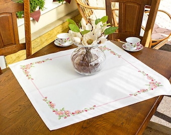 Tablecloth cross stitch kit, spring flowers pattern DIY, floral linen x-stitch kit, kitchen decor needlepoint kit