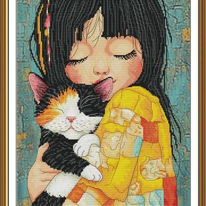 Girl and Cat Cross Stitch Kit, Emotional Needlepoint Pattern for Cozy Home Decor and Cat Lovers