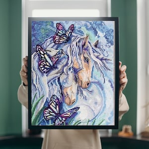 Unicorns cross stitch kit, blue butterflies counted cross stitch kit