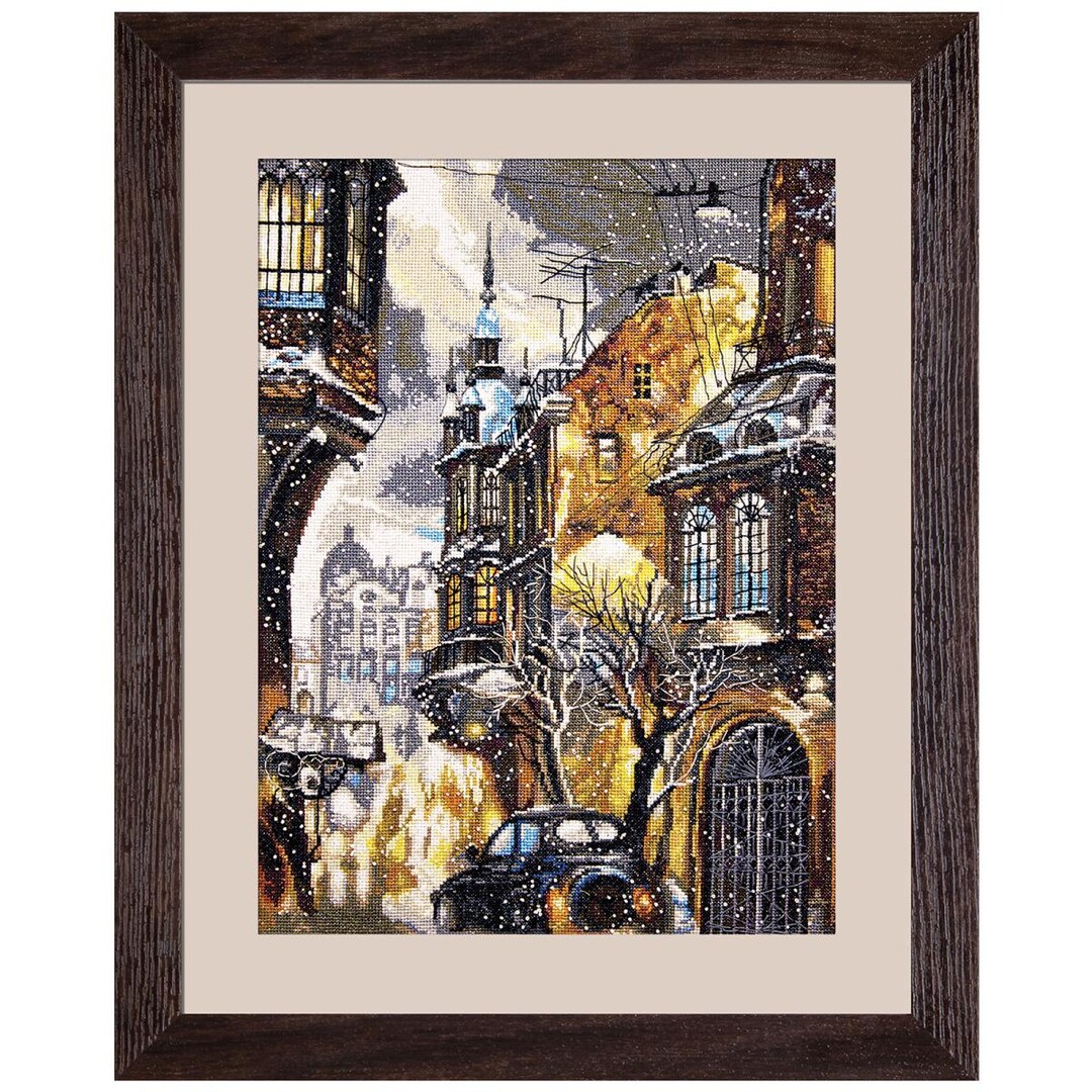 Winter Night City Cross Stitch Kit, Snowy Cityscape X-stitch