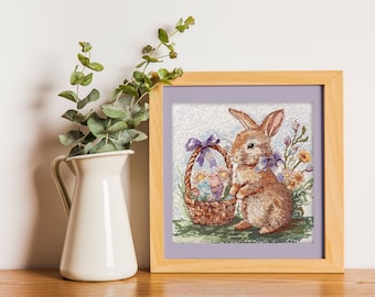Kit de point de croix lapin de Pâques, Lapin avec panier avec œufs au point de croix