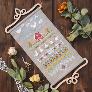 Farm animals sampler cross stitch kit, geese & chicks in barn x-stitch design, DIY country house wall decor, bell pull needlework