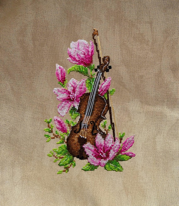 Violin in Magnolia Flowers Cross Stitch Kit, Musical Instrument X