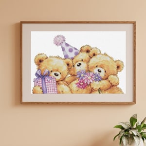 Birthday teddy bear cross stitch kit, three plush animals x-stitch pattern, cute bears with flowers and gift box needlepoint kit