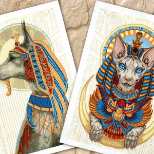 Ancient Egyptian animals cross stitch kit, sphynx cat xstitch design, pharaoh dog x-stitch portrait