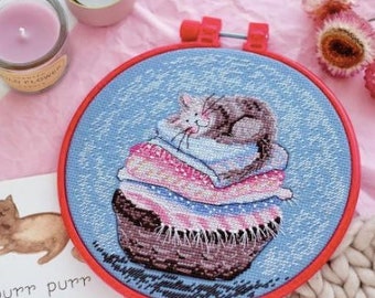 Sleeping cat cross stitch kit with hoop, Beginner stitching DIY kit with an   hoop, Children needlework, Animal   design