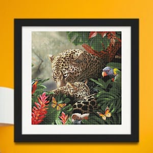 May include: A mother leopard and her cub are nestled together in a lush jungle setting. The leopard's fur is a beautiful blend of brown and black spots, and the cub's fur is a lighter shade of brown. The jungle is filled with vibrant green foliage, colorful flowers, and a variety of birds.