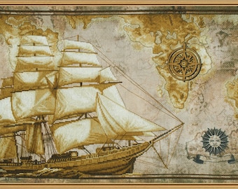 Clipper ship cross stitch kit, sailboat in sea voyage x-stitch pattern, ocean landscape needlepoint kit, anchor and world map stitching set