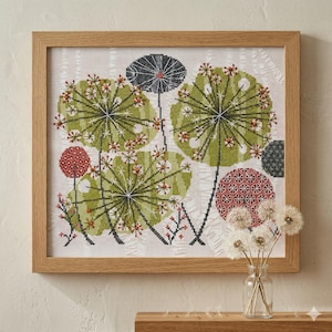 Peut inclure: Une œuvre d'art au point de croix encadrée représentant un motif botanique. L'œuvre présente des fleurs stylisées vertes, noires et rouges et des motifs circulaires sur un fond blanc. Le cadre en bois complète les couleurs de l'œuvre. Un petit vase en verre avec des fleurs séchées est posé sur une surface en bois.
