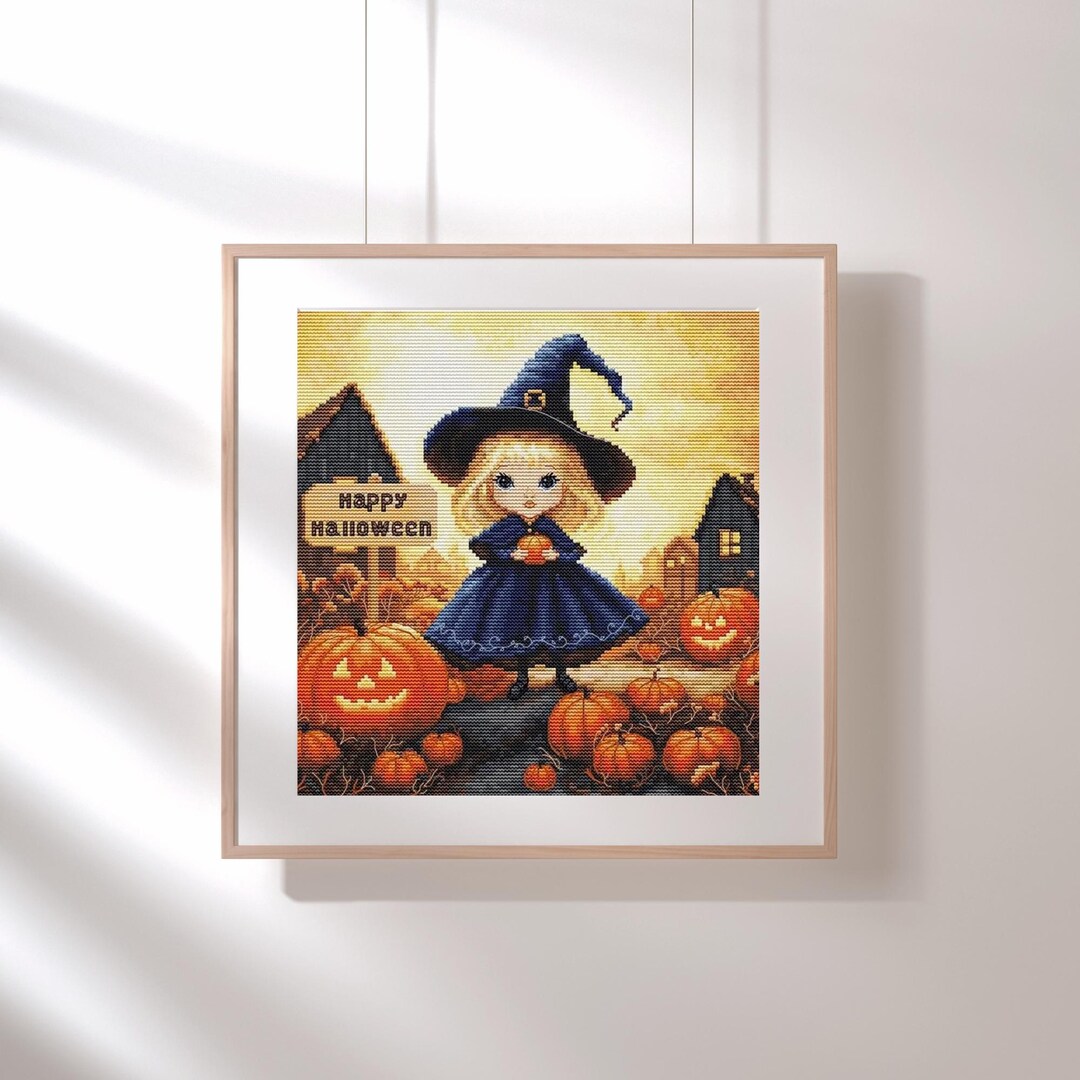 Little Witch Counted Cross Stitch, Halloween Girl in Wizard Hat X ...