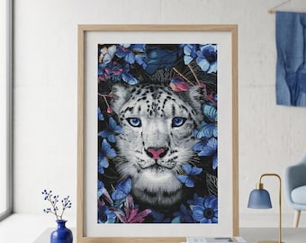 Snow Leopard cross stitch kit, wild cat in butterflies x-stitch pattern, jungle animal needlepoint kit